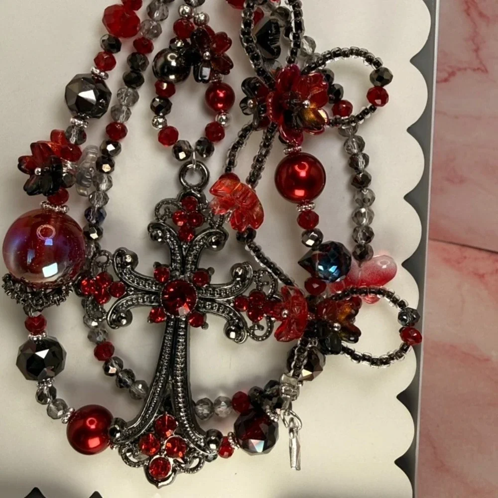 Cross Gunmetal Red Crystal Beaded Baroque Phone Wristlet Bag Charm Keychain